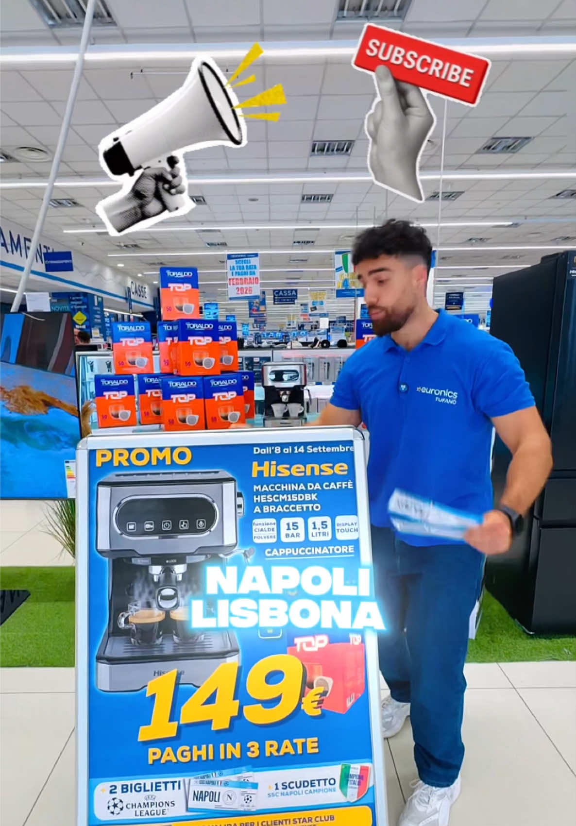 ⭐ Nuova Macchina Caffè HISENSE ☕ Macchina da Caffè con Display Touch a Braccetto per Cialde o Caffè Macinato e Cappuccinatore + 2 Biglietti Champions NAPOLI - LISBONA (CURVE) + 50 cialde TORALDO + 1 Scudetto del Napoli a soli 149,90€ 😱  Promo valida fino al 14 Settembre ⭐️ Puoi puoi pagare anche in 3 rate a Tasso Zero 🔥 #euronicstufano #napoli #champions #macchinacaffe #perte 
