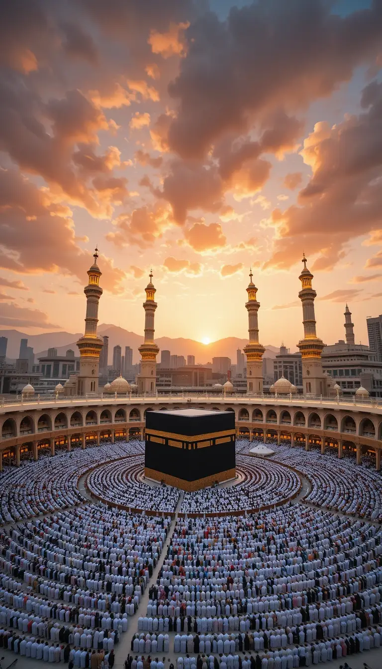 A breathtaking aerial view of the Holy Kaaba inside Masjid al-Haram in Makkah, Saudi Arabia, during sunset. The black Kaaba with golden embroidery stands at the center, surrounded by thousands of worshippers dressed mostly in white, forming perfect circular rows for prayer. Four tall golden-lit minarets rise majestically around the mosque, glowing warmly against the twilight sky. In the background, the modern skyline of Makkah with high-rise towers and mountains is visible. The sky is dramatic, filled with glowing orange and purple clouds from the setting sun, casting a serene and spiritual atmosphere. Ultra-detailed, cinematic#mashallah #naatstatus #trending #viral #unfreezemyaccount 