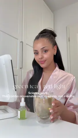green tea + red light therapy = ritual for skin rejuvenation #redlighttherapy, #greenteaskincare, #skinrejuvenation, #glowfromwithin, #holisticbeauty 
