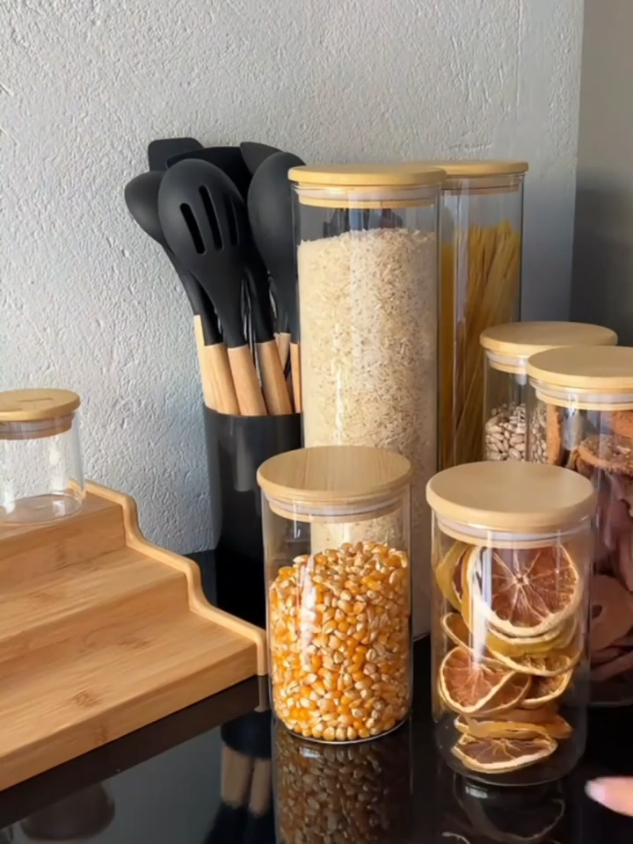 Kit 8 potes de vidro com tampa de bambu herméticos redondos #pote #utilidades #utilidadesdomesticas #cozinha 