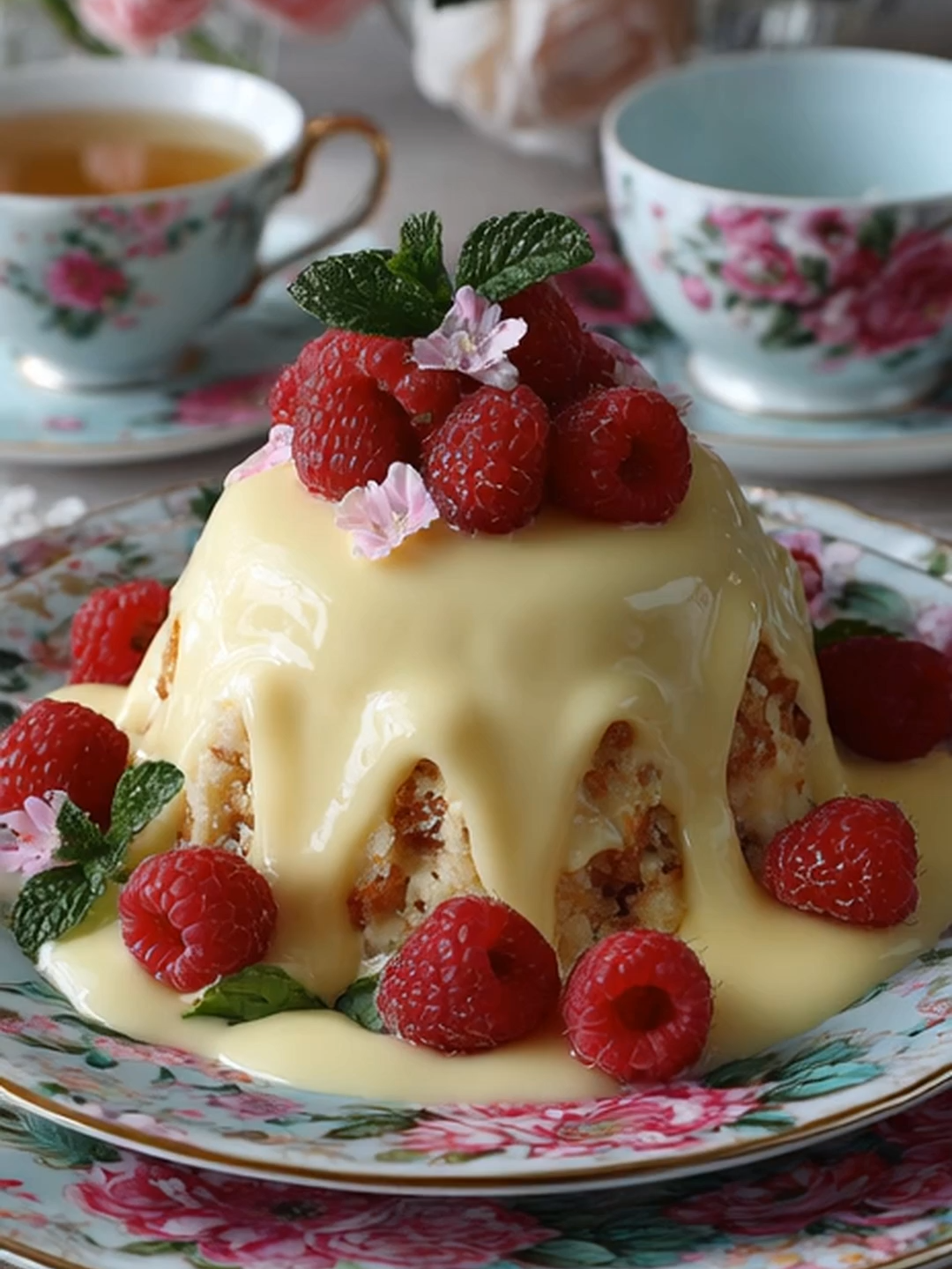 English custard pudding with fresh raspberries 🍓🍮 Served on floral china, perfect for afternoon tea ☕ Save this dessert idea!