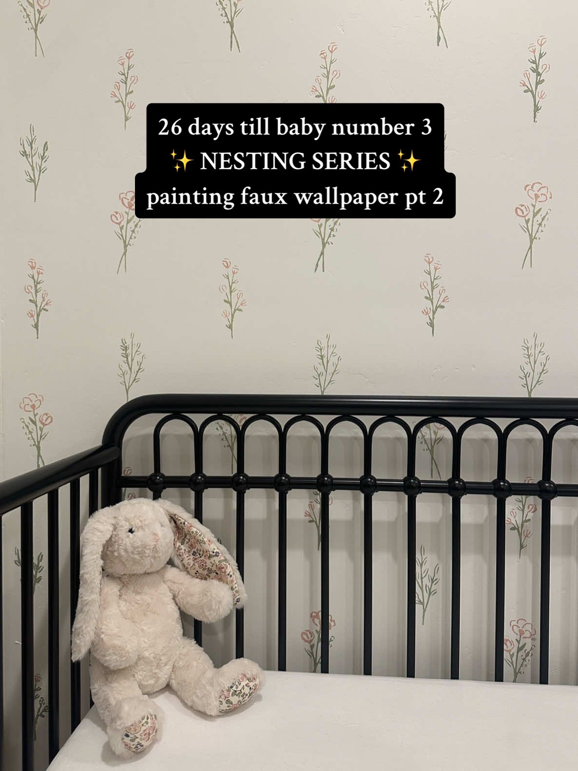 NESTING SERIES PT 5 🫶🏽 we finished up the stencil painted floral wall in the nursery... what do we think?!  Turned  out way better than i thought it would and now i think i want to do every room in my house?? #nestingmama #stencilwallpainting #thirdtrimestermama #nurserydecor 