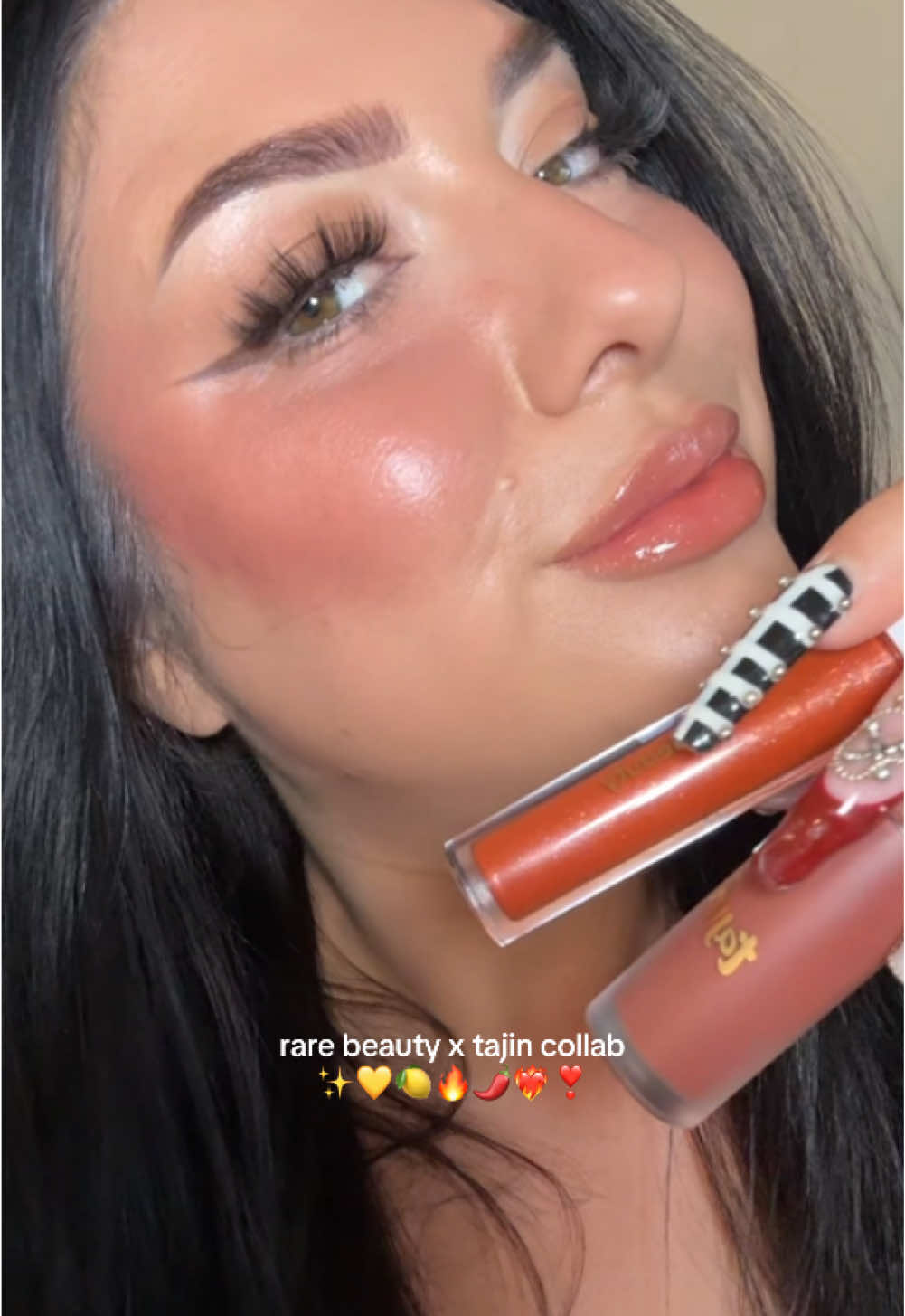 the collab i didnt know i needed @Rare Beauty x tajin collection ft soft pinch liquid blush in chamoy and positive light lumizing gloss in clásico  #rarebeauty #rarebeautyblush #rarebeautyxtajin #tajin #rarebeautymakeup #makeuptryon #rarebeautylipgloss #liquidblush #softpinchliquidblush 