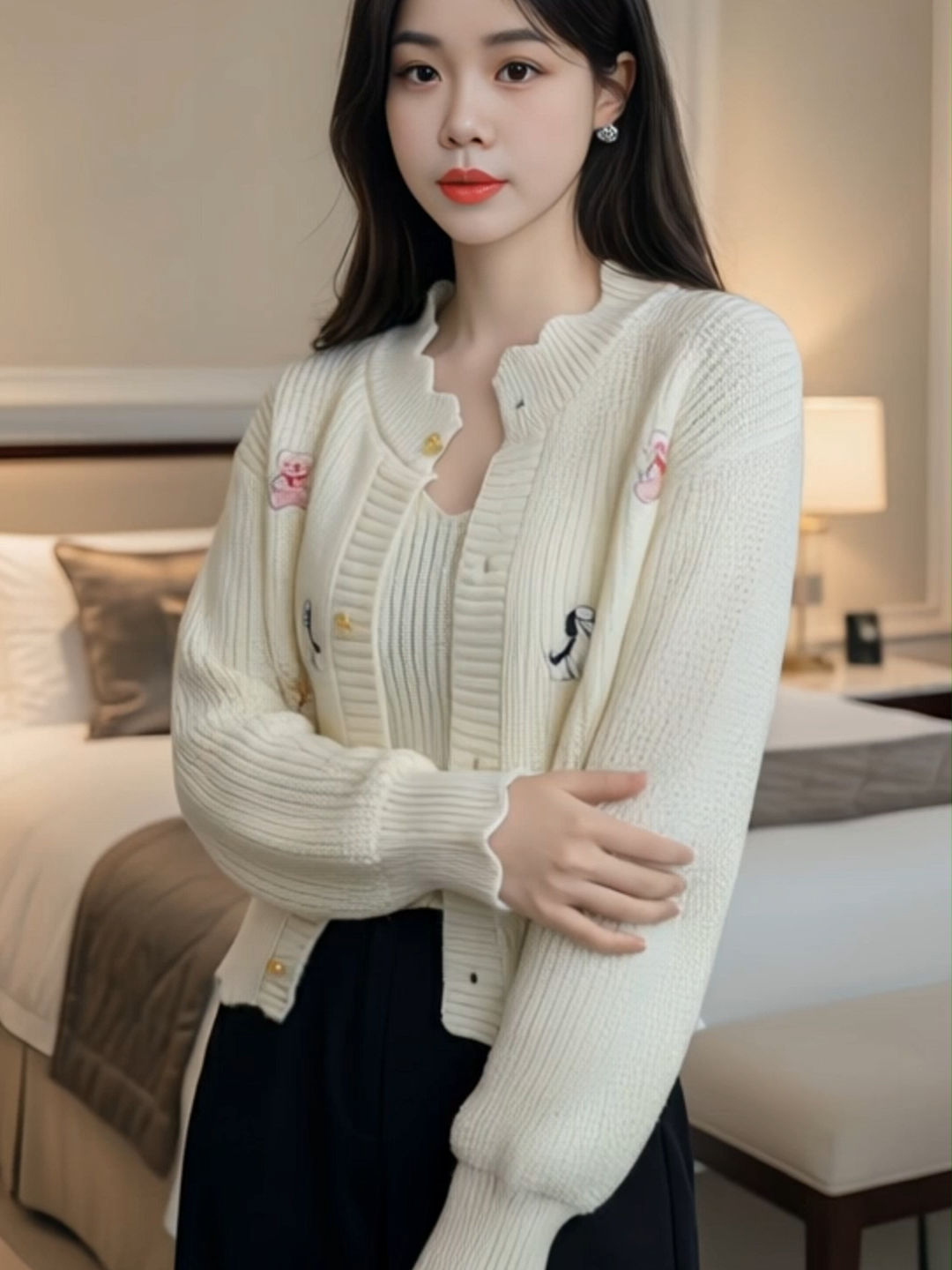 Nhìn em cardigan màu kem này xem, thật sự là một chiếc áo ‘cứu cánh’ luôn. Chất len dày dặn, mềm mịn, mặc vào vừa ấm áp mà lại không bị bí. Điểm cộng siêu lớn là họa tiết thêu nhỏ xinh, nhẹ nhàng nhưng tinh tế, làm cả outfit nổi bật hơn hẳn. Dáng áo hơi ngắn vừa đủ, mix với váy đen như mình đang mặc nè, hay phối cùng quần jean, chân váy dài cũng xinh hết nấc. #thoitrangnu #thoitrang #hottrend #xuhuong #vairal