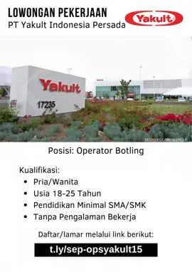 LOWONGAN KERJA #infoloker  #loker  #lowongankerja  #operator  #yakult  #kulipabrik  #kulipabrikcikarang  #lokerbekasi  #lokerpabrik 