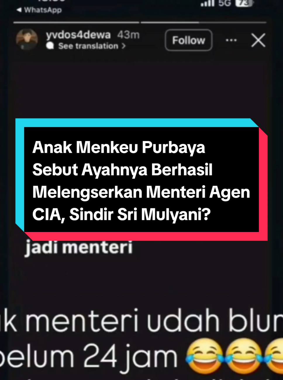 Unggahan anak Purbaya yang menyebut ayahnya berhasil melengserkan agen CIA Amerika yang menyamar jadi menteri sontak menimbulkan reaksi negatif netizen yang menilai sang menteri baru dan keluarga tidak memiliki kelas dan kepatutan dalam berkomunikasi.  #anakpurbaya #purbaya #menkeu 