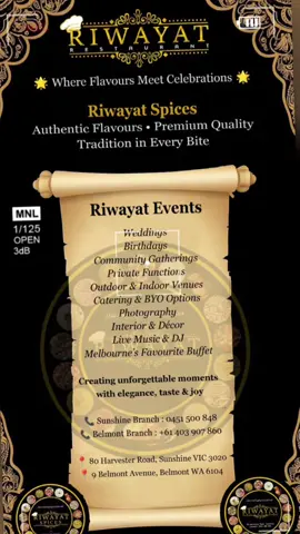 Riwayat Events ✨ Weddings•Birthdays•CommunityGatherings ✨ Private Functions • Outdoor & Indoor Venues ✨ Catering & BYO Options ✨ Photography • Interior & Décor ✨ Live Music • DJ • Melbourne’s Favourite Buffet 🎉 Creating unforgettable moments with elegance, taste & joy 📞 Sunshine Branch: 0451 500 848 📞 Belmont Branch: +61 403 907 860 📍 80 Harvester Road, Sunshine VIC 3020 📍 9 Belmont Avenue, Belmont WA