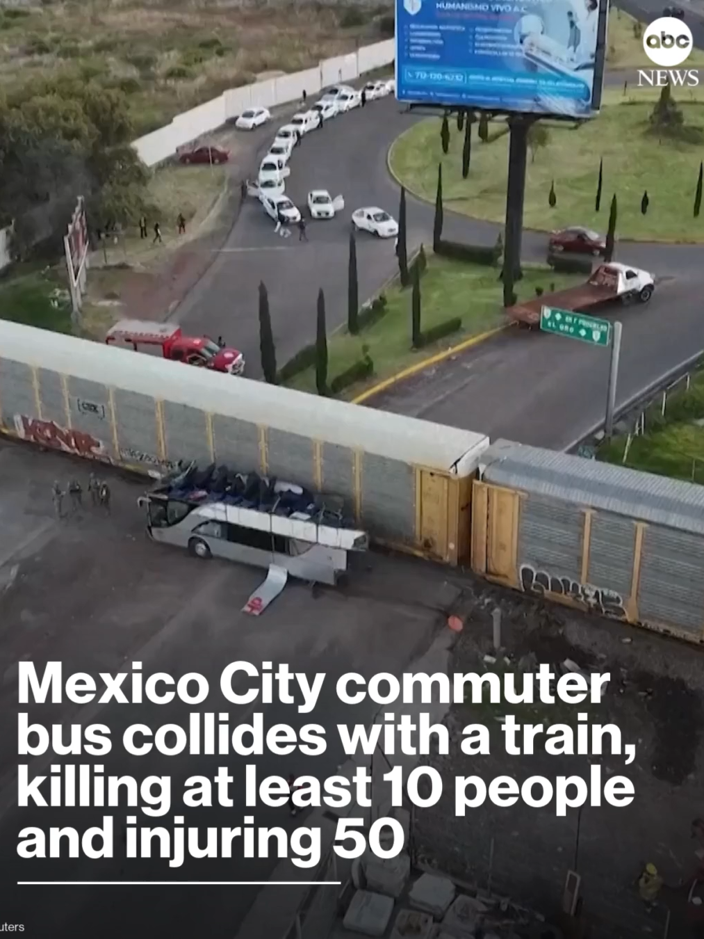 A train and a double-decker bus collided northwest of Mexico City, killing at least 10 people and injuring more than 50, authorities say. #news #abcnews