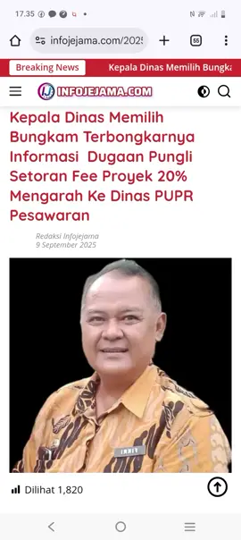 Pemberitaan tentang SKEMA PUNGLI SISTEMATIS DI DINAS PUPR PESAWARAN TERBONGKAR! Oknum Pejabat Paksa 8 Kades Setor 20% “Fee Proyek”, Ancaman dan Intimidasi Modus Operandi Sebuah praktik pungutan liar (pungli) dan korupsi terstruktur yang mengerikan terbongkar dalam proyek sanitasi Dinas Pekerjaan Umum dan Penataan Ruang (PUPR) Kabupaten Pesawaran Tahun Anggaran 2022. Oknum di lingkungan dinas tersebut diduga memaksa dan memeras delapan Kepala Desa (Kades) untuk menyetorkan 20% dari nilai proyek dengan modus operandi yang sangat sistematis, penuh ancaman, dan berani beraksi hingga ke halaman bank. Pengakuan jujur para Kades ini menjadi bukti awal (initial evidence) yang sangat kuat bagi Kejati Lampung untuk mengusut tuntas jaringan korupsi yang telah menggerogoti uang rakyat ini. Masyarakat Pesawaran menunggu langkah tegas penegak hukum untuk mengusut oknum-oknum yang tidak hanya merugikan keuangan negara tetapi juga telah mengkhianati amanah dan memeras pemerintah desa. Proyek sanitasi yang seharusnya menjadi solusi untuk meningkatkan kesehatan masyarakat dan kualitas lingkungan, justru dikorupsi untuk memperkaya oknum. Dampaknya, kualitas pekerjaan bisa saja dikorbankan karena dana yang digelapkan mencapai seperlima dari total anggaran. Untuk mengungkap kebenaran, tim media telah melakukan kordinasi dan konfirmasi dengan Kadis PUPR Kabupaten Pesawaran, Zainal Fikri, melalui pesan Whatsapp. Namun, meskipun pesan telah dibaca (read), sang Kadis memilih bungkam dan tidak menanggapi. Keheningan ini justru semakin mempertanyakan, sejauh apa keterlibatan dan pengetahuan pimpinan dinas terhadap praktik jahat yang terjadi di bawah kendalinya? Kebisuan Pejabat Publik di tengah skandal besar adalah sebuah pernyataan yang lebih keras daripada kata-kata. Masyarakat dan penegak hukum berhak mendapatkan jawaban dan pertanggungjawaban!