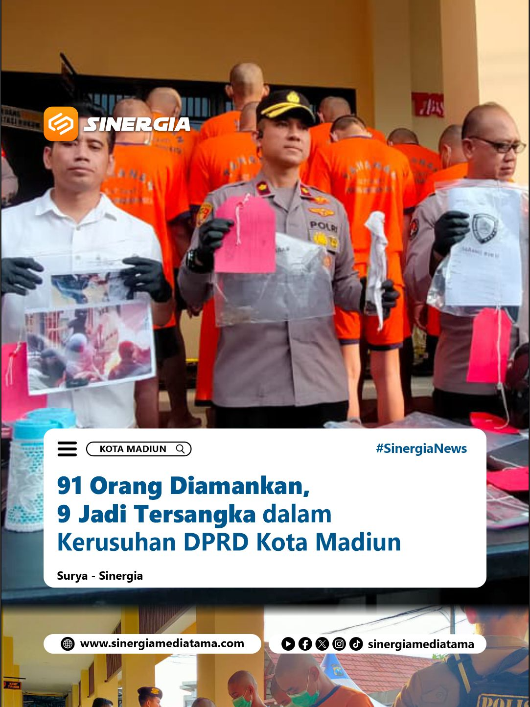Sinergia | Kota Madiun – Polres Madiun Kota menindaklanjuti kerusuhan yang terjadi di kantor DPRD Kota Madiun pada Sabtu (30/08/2025). Total 91 orang yang sempat diamankan usai peristiwa tersebut. Dari 91 orang sembilan di antaranya resmi ditetapkan sebagai tersangka. Wakapolres Madiun Kota Kompol I Gusti Agung Ananta menjelaskan, satu tersangka dijerat pasal 187 ayat 1 dan 2 KUHP karena terbukti melempar bom molotov. Ancaman hukumannya mencapai lebih dari 15 tahun penjara. Sementara itu, tujuh tersangka lainnya terbukti melakukan perusakan serta pencurian sejumlah fasilitas saat aksi berlangsung. Sedangkan 82 orang lain yang mayoritas berusia anak-anak dan remaja telah dikembalikan ke keluarga masing-masing. Tonton berita selengkapnya di Channel Youtube Sinergia Mediatama #KasusPencurian #TindakPidana #PolresMadiunKota #KerusuhanDPRD #BeritaTerkini #KotaMadiun #BeritaMadiun #InfoMadiun #Madiun24Jam #MadiunMendunia #BeritaMagetan #BeritaNgawi #BeritaPonorogo #BeritaKabMadiun #SinergiaNews #SinergiaMediatama