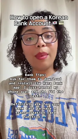 Today was a milestone day lol. Opened my first Korean bank account today with Hana Bank! If you’re moving to Korea for work, study, or long-term stay, this is one of the most important steps you’ll need to take. Here’s what the process was like 🫶🏽🤞🏽 #KoreanBankAccount #MovingToKorea #HanaBank #LifeInKorea #ForeignerInKorea MovingAbroadTips EPIKTeacher 