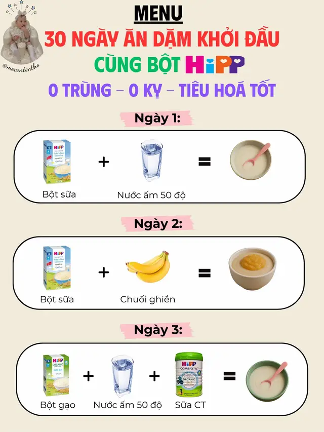 Gợi ý thực đơn 30 ngày ăn dặm khởi đầu cùng bột HiPP cho các mom nè. Các mom lưu lại làm cho bé ăn nha 🥰🍼🧸🍃✨ #andam #thucdon30ngayandam #hipp #hipporganic #botandamhipporganic 