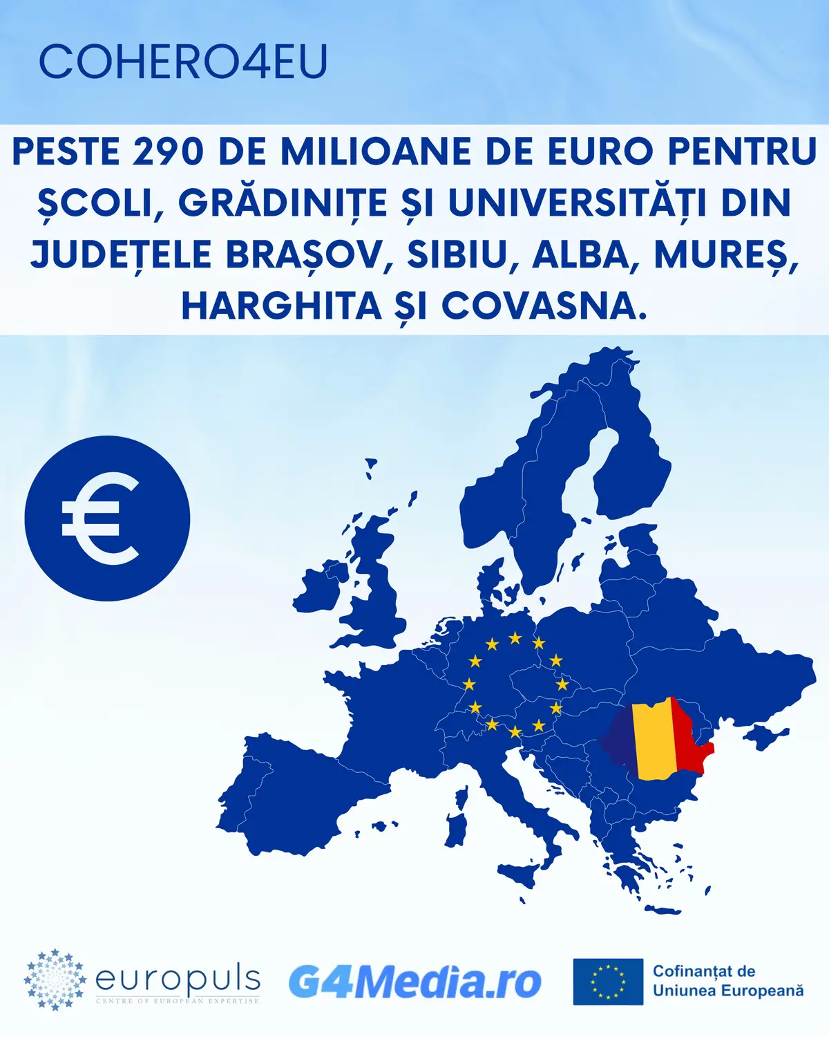 Informații în cadrul proiectului #COHERO4EU Regiunea Centru a atras, în ultimele trei perioade de programare financiară europeană, investiții de peste 475 milioane de euro în educație, dintre care 290 milioane de euro reprezintă fonduri nerambursabile. Aproape 300 de unități de învățământ, de la grădinițe și școli, până la universități, au beneficiat de modernizare, extindere sau dotări noi. În total, peste 60.000 de copii și tineri din județele Brașov, Sibiu, Alba, Mureș, Harghita și Covasna au beneficiat de rezultatele obținute. Proiectele au vizat atât creșterea eficienței energetice a clădirilor, cât și investiții în construcții noi și infrastructură educațională modernă. Co-finanțat de Uniunea Europeană. Opiniile exprimate în acest material aparțin exclusiv autorilor și nu reflectă neapărat poziția Uniunii Europene sau a Comisiei Europene. Nici Uniunea Europeană, nici autoritatea finanțatoare nu pot fi considerate responsabile pentru conținutul prezentat. #cohero4eu #cohesionpolicy #politicadecoeziune
