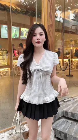 Áo sơ mi kẻ sọc cổ tim phối ren kèm nơ xinh, áo kiểu xinh, #sominu #aothietke #aokieu #aohottrend #babydoll 