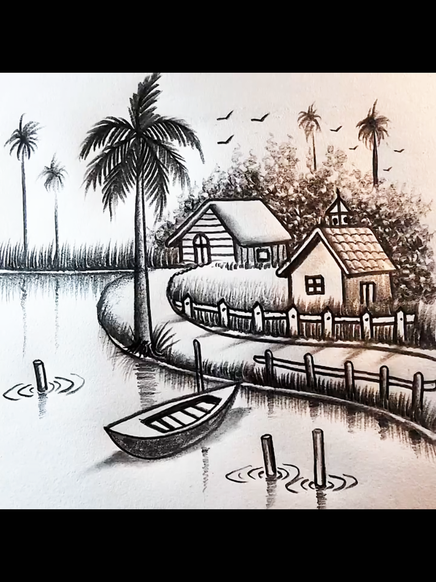 let's draw relaxing River drawing scenery with pencil  . . . #draw #drawings #usatiktok🇺🇸 #drawingtutorial #drawingprocess 
