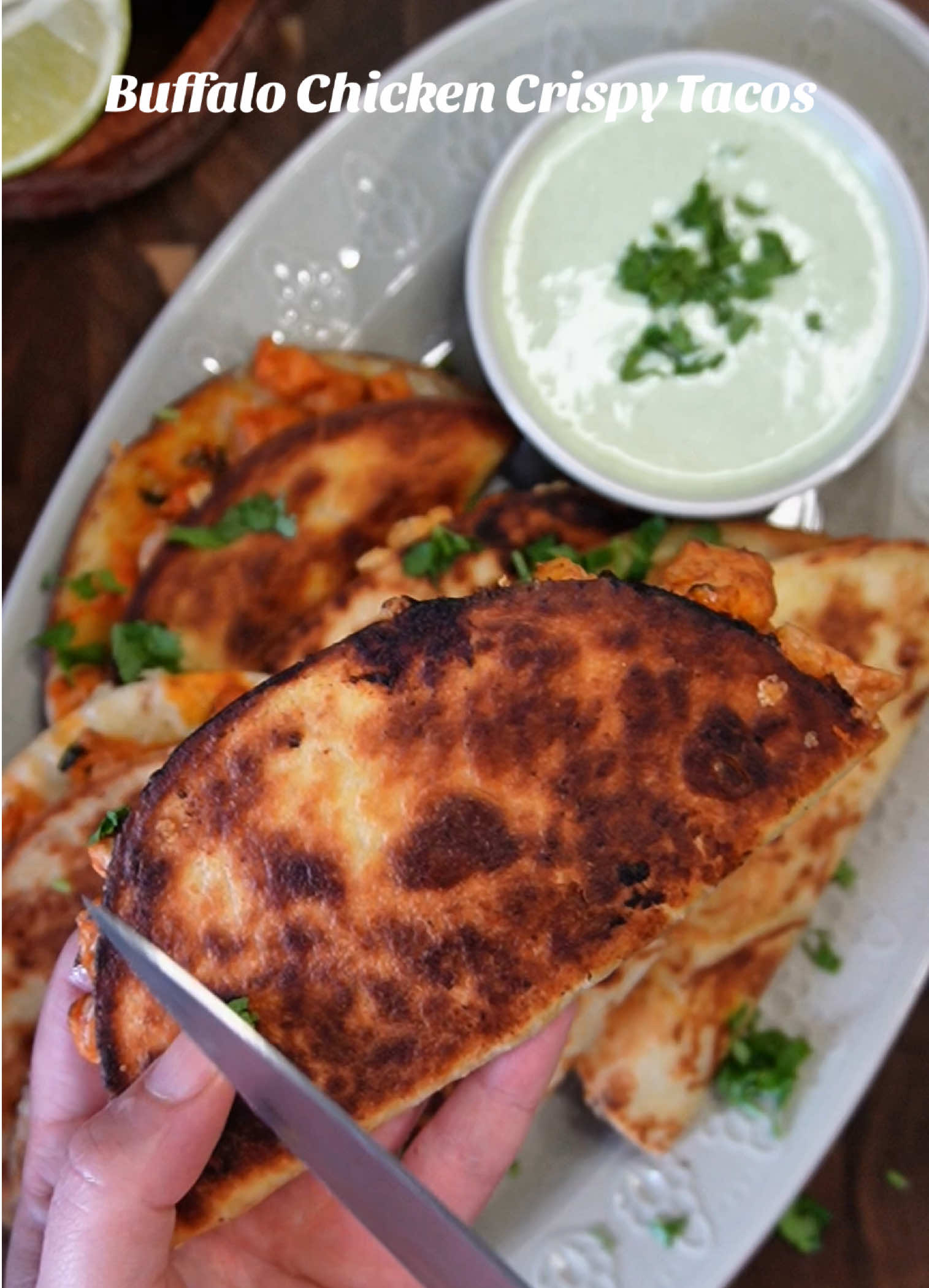 🌮 Buffalo Chicken Crispy Tacos Tag your taco-loving friends 🌮🔥 Ingredients 🍗For the chicken 	•	500g chicken breast (boneless, skinless), finely chopped 	•	1 tbsp olive oil or butter 	•	1 tsp garlic powder 	•	1 tsp onion powder 	•	1 tsp smoked paprika 	•	½ tsp salt 	•	½ tsp black pepper 	•	120g (½ cup) Frank’s RedHot Buffalo Wing Sauce 	•	2 tbsp honey (optional – balances heat) 	•	2 tbsp fresh cilantro, finely chopped  🌶️For the tacos 	•	8 small tortillas 	•	Olive oil (enough for frying) 	•	Shredded Gouda cheese 🌿For the green sauce 	•	240g (1 cup) plain Greek yogurt + 60g mayonnaise  	•	16–20g (1 cup loosely packed) fresh cilantro 	•	1 small jalapeño or serrano (seeded for mild heat) 	•	Juice of ½ lime  	•	1 clove garlic 	•	½ tsp salt 	•	¼ tsp black pepper 	•	1 tbsp olive oil 🥣Instructions 🔥1. Cook the chicken 	1.	Heat olive oil in a skillet over medium-high heat. 	2.	Add the chopped chicken, garlic powder, onion powder, paprika, salt, and pepper. Cook until golden and fully cooked through (6–8 minutes). 	3.	Lower the heat, stir in the Buffalo sauce and honey (if using). Cilantro,Cook for 1–2 more minutes until well coated. 💥2. Make the green sauce 	1.	In a blender or food processor, add yogurt, cilantro, jalapeño, lime juice, garlic, salt, pepper, and olive oil. 	2.	Blend until smooth and creamy.  🌶️3. Crisp the tacos 	1.	Heat a little olive oil in a skillet. 	2.	Place one tortilla flat in the pan, sprinkle cheese on half, then spoon some Buffalo chicken on top of the cheese. 	3.	Fold the tortilla over into a taco shape, pressing gently. 	4.	Fry on each side until golden and crispy, with the cheese melted inside. 	5.	Repeat with the remaining tortillas. 	•	Drizzle with the green sauce and enjoy immediately. #fyp #FoodTok #texmex #tacos #buffalochicken 