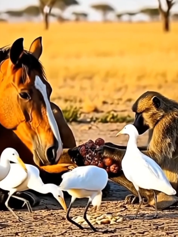 Watch this rare wildlife moment! A clever monkey cleans a horse from parasites while birds enjoy the leftovers. Nature teamwork at its best! 😲🌿  #Wildlife #AnimalLovers #Nature #AnimalFriends #ParasiteCleaning 