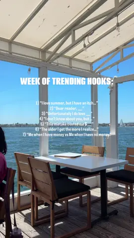 A week of trending hooks you can steal for your next post. We’ve done the research and noticed these exact hooks are going viral across the platforms. Save this for inspo ✨ #trendinghooks #viralcontent #socialmediatips #contentideas #hookstrategy