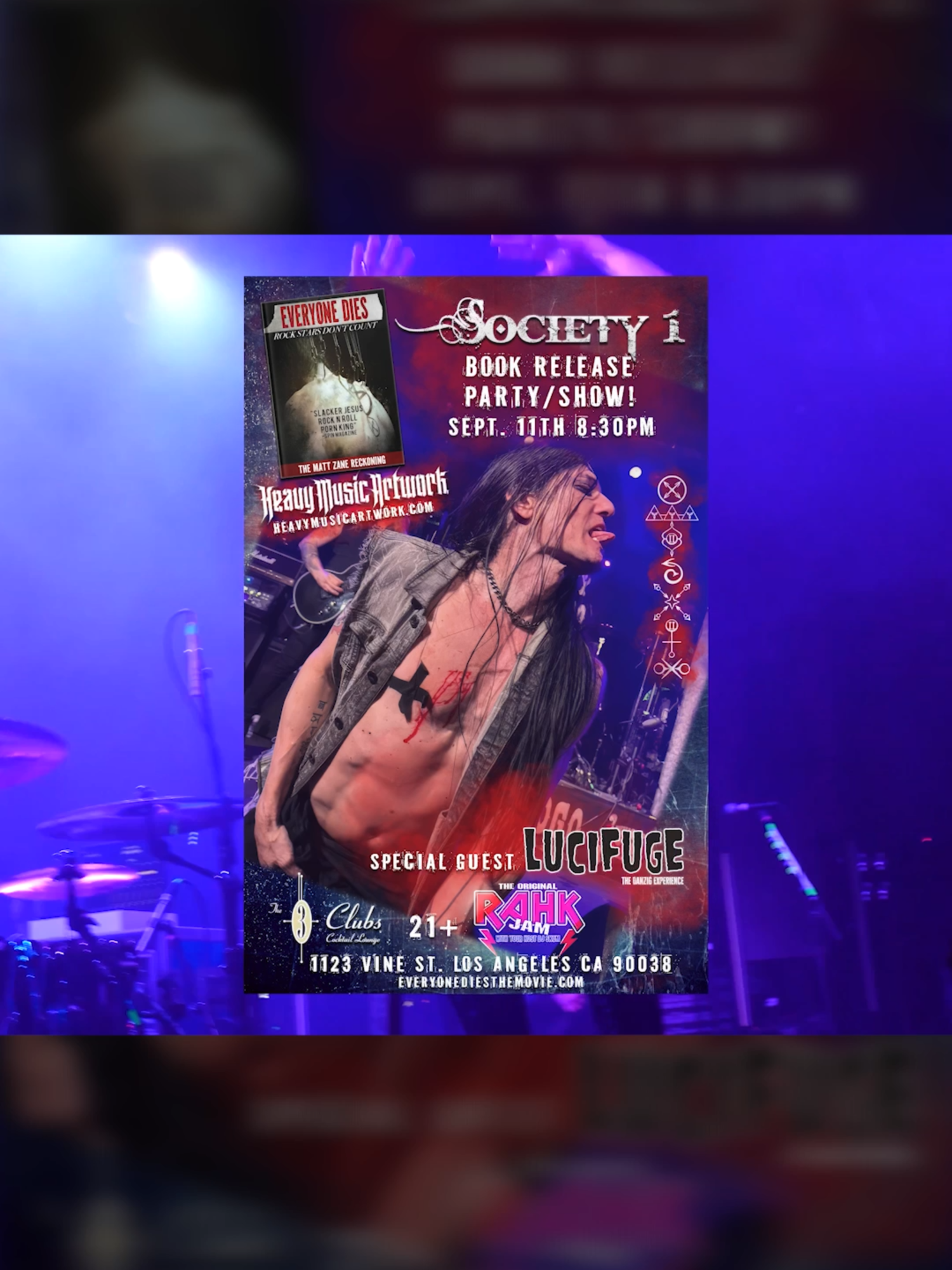 THIS THURSDAY!  We're having a release party / show for my new book Sept. 11th at 3 Of Clubs in Hollywood! If you didn't know I signed a book deal with @heavymusicartwork Publishing after the movie came out! EveryoneDiesTheMovie.com Check the book out at: heavymusicartwork.com/products And it's also available on Amazon!