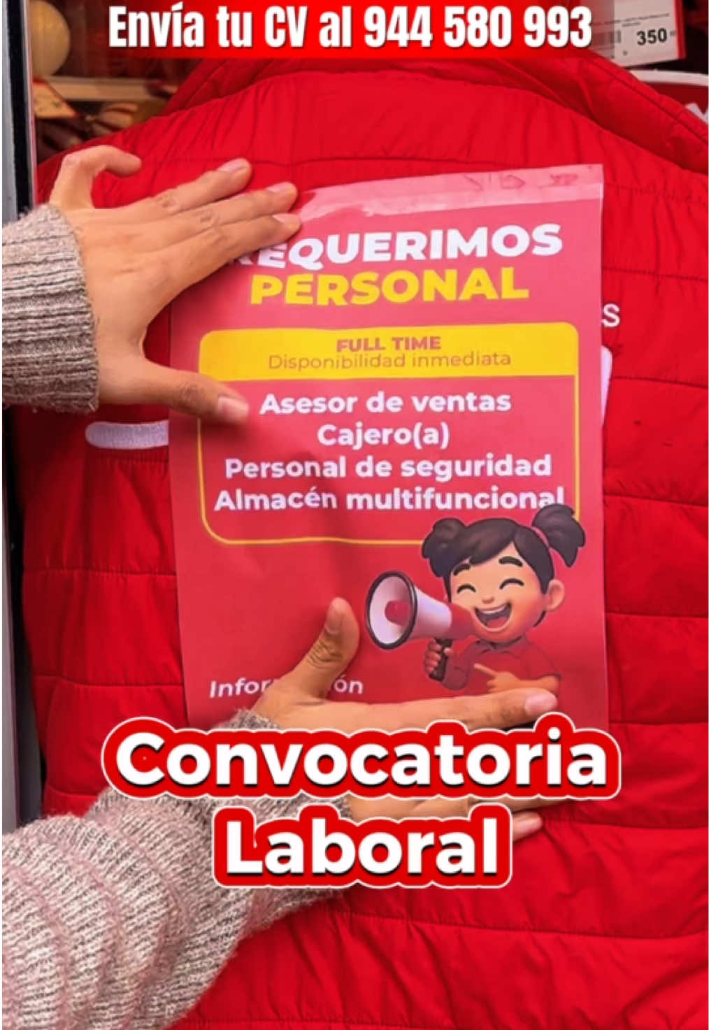 📢 ¡Estamos contratando! ¿Buscas trabajo? 🔍 ¡Únete a nuestro equipo en Lima! 🛒 Puestos disponibles: 💳 Cajer@ 🛍️ Asesor de ventas 🛡️ Personal de seguridad 📦 Almacén multifuncional 📩 Envía tu CV al +51 944 580 993 📍 Sede: Av. Arenales 2021, Lince 🕒 Horarios de trabajo disponibles: Lunes a domingo 🔓 Apertura: 10:00 a.m. - 8:00 p.m. 🔒 Cierre: 11:00 a.m. - 9:00 p.m. 🛑 Un día de descanso rotativo 👨‍👩‍👧‍👦 Somos una importadora con más de 8 años en el mercado. ✨ Ofrecemos: ✔️ Línea de carrera ✔️ Buen clima laboral 💬 ¡Etiqueta a tu amigo/a que busca trabajo! #OportunidadLaboral #TrabajaConNosotros #Lima #Jumi #Empleo