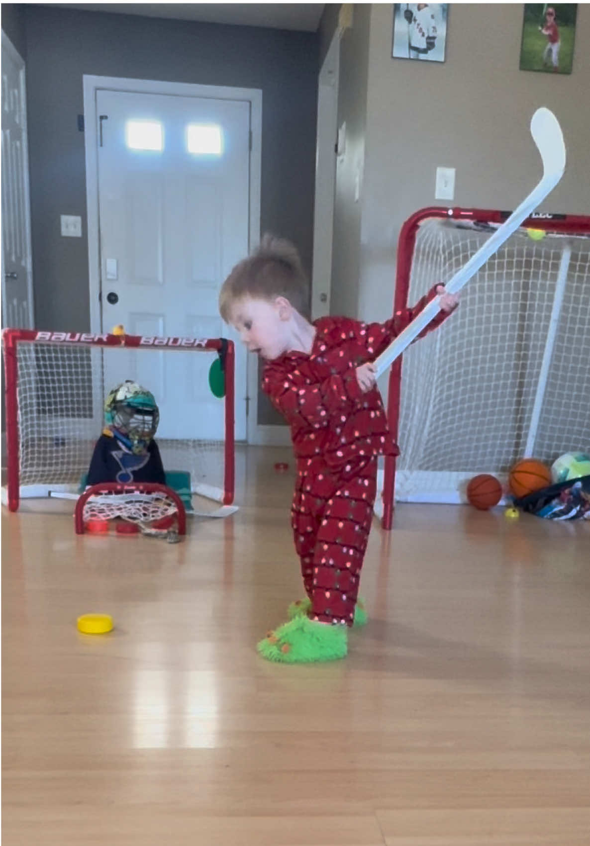 Our new goalie really put Jensen’s aim to the test today 😉 #hockey #NHL #training #goals #toddlerhockey 