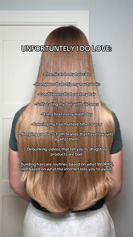 1. Clean” products still have chemicals in them. “Non-toxic” is an unregulated claim- any brand can say this regardless of what is in their product. So a product that doesn’t claim to be “clean” or “non-toxic” is not inherently toxic.  2. Just because the oils on our scalp are “natural” doesn’t mean that they should be left there. Oils SHOULD be “stripped” away or removed to maintain scalp health- that’s the whole purpose of shampoo. But that doesn’t mean you need to use a shampoo that makes your scalp and hair feel dry/stripped. The goal is to use a shampoo that cleans effectively and leaves your scalp feeling comfortable. 3. This is just how conditioners protect our hair- the coating is a good thing. 4. Joking because silicones don’t actually “suffocate” your hair or prevent it from breathing. Your hair doesn’t need to breathe. Silicones have great benefits. 5. I use a blow dryer every wash day and a hot styling tool 1-3x a week. You can use heat without severe damage if you have the right routine in place to protect and repair it. 6. Similarly, I get my hair colored about 3-4x a year but am still able to keep it healthy because of my routine. 7. Many haircare brands have lawsuits filed against them because the people filing them aren’t required to have any sort of education or training in hair loss. That’s not a dig at those people- hair loss is super confusing & I empathize with anyone experiencing it. It just means that you don’t need to immediately throw away your haircare products from a brand that has lawsuits filed against them, as those lawsuits often place blame on things that wouldn’t have caused hair loss in the first place. 8. Search “drugstore vs high end haircare” on my YouTube channel to hear about this straight from a cosmetic chemist 9. Most things the internet tells you to avoid are usually completely fine to use on your hair and often times, even beneficial for it. #haircare #healthyhair #longhair #hairgrowth 