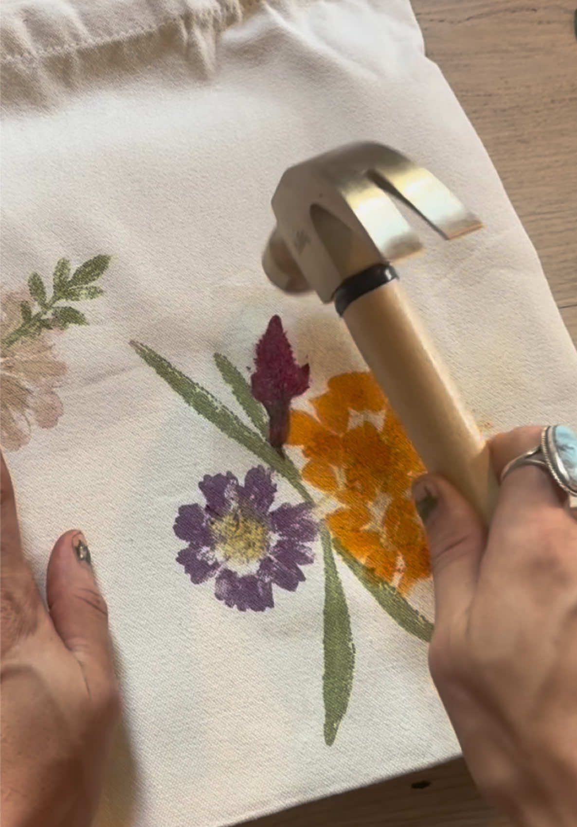 This is where I’ll be until further notice 🤗🌻 🔨 Did you know you could make floral prints from REAL FLOWERS!? I’ve been making all kinds of things since I figured out the process this summer (doing IRL pop ups with you guys!) — and it’s honestly not hard (besides the intense process of boiling the fabric before hand 🫠) ❓DROP YOUR Q’s BELOW and lemme know if you want a full tutorial!  (Currently plotting making a full huge canvas…what do we think??) #DIY #diyprojects #floral #diyhomedecor #diydecor 