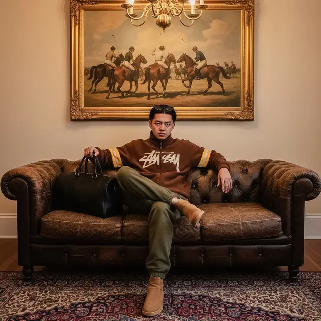 Ada yang kurang ?? gass komen sini gw jabanin. PROMPT : A young Sundanese man from Bandung, oval-shaped face, slightly sharp jawline, clean bright and well-groomed skin, black hair slicked back with a naturally messy touch, wearing black sunglasses placed on top of his head like a headband. He sits confidently on a dark brown vintage leather sofa with a relaxed but firm pose, legs apart, holding the handles of a medium-sized black leather duffle bag placed on the floor between his feet. Outfit: brown fleece zip-up Stüssy jacket with yellow stripes along the sleeves and cream Stüssy logo on the left chest, loose grey-green jogger pants, tan suede boots similar to Timberlands.   Setting: a vintage elegant interior room with warm cream-colored walls, decorated with a large framed painting of four polo players riding horses in action, painted in impressionist style. A standing floor lamp with a cream fabric lampshade glows warmly on the right side, casting golden light and soft shadows across the room. An oriental patterned carpet with muted green, red, and brown tones covers the floor.   Atmosphere: retro-luxury aesthetic mixed with modern streetwear style, cinematic composition, moody warm tones, golden ambient lighting, high detail textures on leather, fabric, and wood. Ultra realistic, 4K, hyper-detailed, cinematic lighting, fashion editorial photography style. Sisa nya semua ada di sini : https://chatgpt.com/share/68c0e58b-9c20-8002-a334-2421c5af4bd9 #AIprompt #AI #prompterchallenge #photolab #kceut 