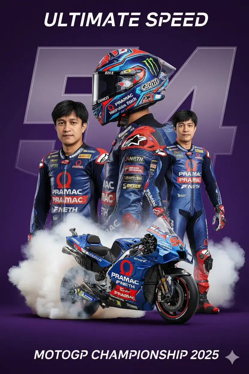 1.SS PROMTPT BUKA GOGLE LENS SALIN TEKS 2.BUKA GEMINI 3.MASUKAN FOTO 4.MASUKAN PROMPT : Create a cinematic MotoGP poster featuring [see image]. Keep the face, hair, shape, and angles of the original exactly as shown.Show the person in three perspectives: a close-up portrait without a helmet in motogp uniform, a side view wearing a MotoGP-style racing helmet, and a full-body shot wearing a MotoGP racing suit with sponsor logos. At the bottom, place a Prima Pamac MotoGP Racing Bike [see image]. doing a burnout with smoke around the tires. The bike should display the racing number '03' clearly on the nose and sides. Use a bold Purple background with a large racing number '03' behind the character. The overall style should be ultra-realistic, high-resolution, cinematic, and have the feel of a professional sports poster. #GEMINIAI 