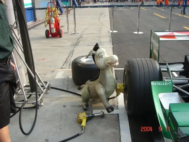 As part of the promotional material for Schrek 2, Jaguar F1 Team was given an inflatable of the character Donkey. It was supposed to be used for photos with the team at the Belgian Grand Prix but it was loved by the team and traveled with the team via a mechanic to every remaining race of the 2004 season. In the end it was gifted to a charity for kids and was signed by all 2004 drivers except of Michael Schumacher  #formula1 #slideshow #donkey #schrek2#fyp 