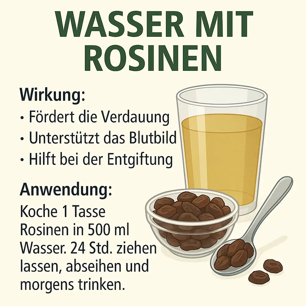 Wusstest du, dass ein einfaches Glas Rosinenwasser auf nüchternen Magen wahre Wunder für deine Gesundheit tun kann? Rosinen sind reich an Eisen, Kalium, Magnesium und Antioxidantien. Wenn du sie über Nacht in Wasser einweichst, lösen sich wertvolle Nährstoffe und das Wasser wird zu einem heilenden Elixier. Rosinenwasser fördert die Verdauung, stärkt das Blutbild, entgiftet die Leber und reguliert den Cholesterinspiegel. Es unterstützt die Eisenaufnahme, kann Anämie vorbeugen und ist ein natürlicher Energiespender. Außerdem wirkt es blutdrucksenkend und stärkt dein Herz-Kreislauf-System. Anwendung: Nimm eine Handvoll Rosinen, gib sie in ein Glas Wasser und lass sie über Nacht ziehen. Am nächsten Morgen das Wasser abseihen und auf nüchternen Magen trinken. Die eingeweichten Rosinen kannst du zusätzlich essen..so nutzt du die volle Kraft dieser kleinen Früchte. Ein so einfaches Ritual und doch ein kraftvoller Start in den Tag. #fyp #viral #fypp #fürdich #rosinen 