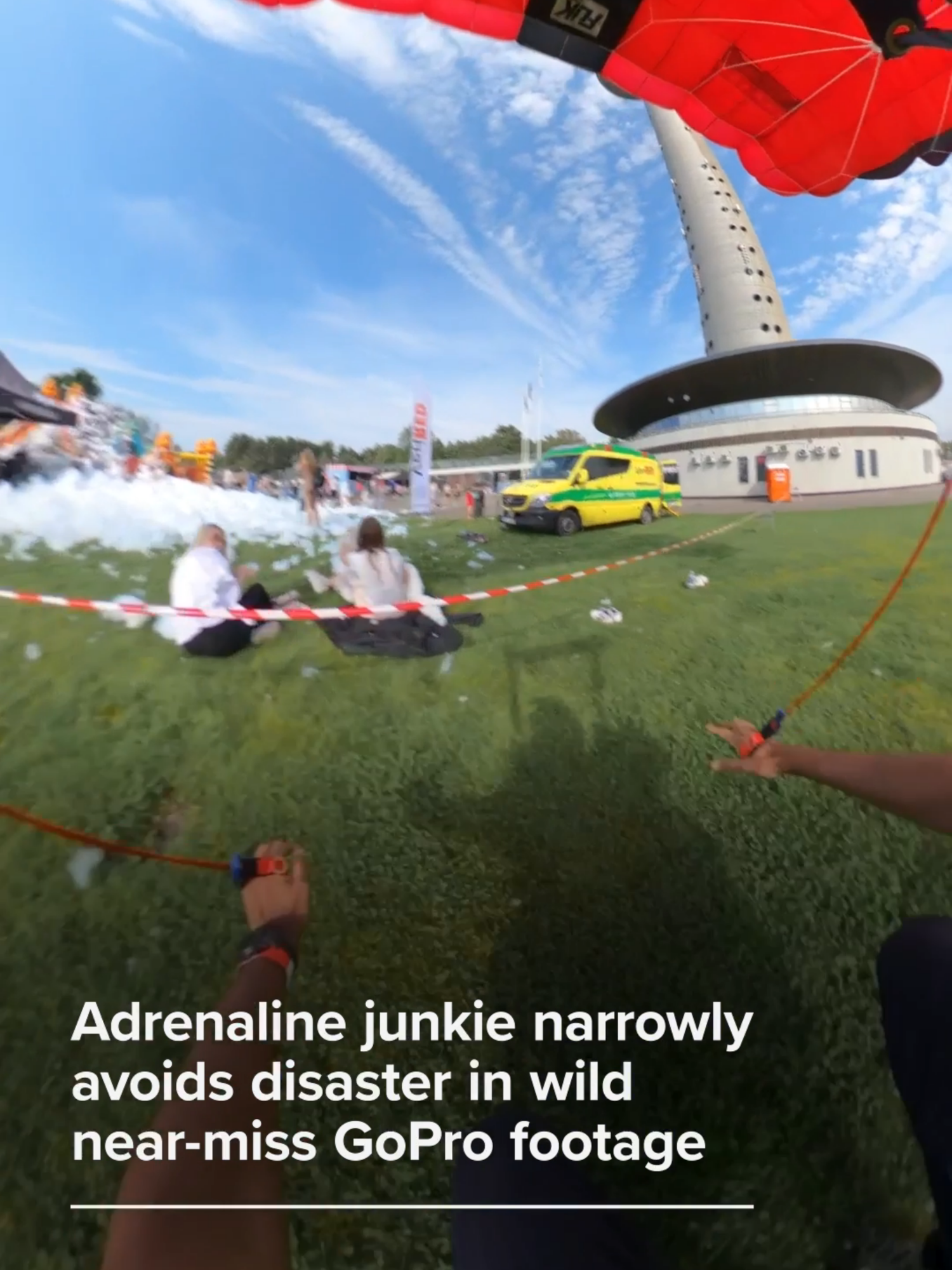 An adrenaline junkie captured the moment he narrowly avoided disaster after overshooting his landing while paragliding in Tallinn, Estonia. He miraculously hit the ground within a few feet of a group of people in the incredible near miss. As the parachute began to softly fall on them, they saw the humor in the mishap and laughed it off. #paragliding #estonia