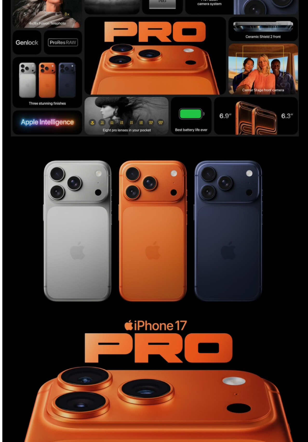 iPhone 17 Pro и Pro Max🔥 — Новый корпус unibody из алюминия и задняя панель из Ceramic Shield — прочнее и легче — Испарительная камера в системе охлаждения, её силуэт даже вынесли в логотип презентации — Батарея держит до 39 часов видео, eSIM вместо физической карты дало место для аккумулятора — Три цвета: серебристый, синий и яркий Cosmic Orange Камеры — Все модули по 48 Мп, включая телеобъектив — Оптический зум 4–8х и цифровой до 40х — Фронтальная камера 18 Мп с Center Stage — Видео в 4К, ProRes RAW и синхронизация GenLock Производительность — Чип A19 Pro с 6-ядерной графикой — Объём памяти от 256 ГБ до 2 ТБ Аксессуары — Обновлённые чехлы TechWoven, устойчивые к царапинам — Новые модели с ремешком через плечо Ждете новинку в GiX?😍#iphone17 #iphone17promax #iphone17pro 