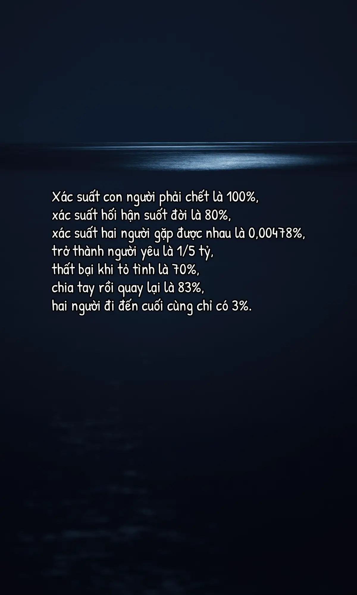 Xác suất con người phải chết là 100%, xác suất hối hận suốt đời là 80%, xác suất hai người gặp được nhau là 0,00478%, trở thành người yêu là 1/5 tỷ, thất bại khi tỏ tình là 70%, chia tay rồi quay lại là 83%, hai người đi đến cuối cùng chỉ có 3%. Việc gặp được nhau vốn đã là một chuyện có xác suất cực kỳ nhỏ bé, nếu chỉ vì một niệm sai lầm mà bỏ lỡ nhau, thì thật đáng tiếc biết bao. #tamtrang #cuocsong #tamsu #tinhyeu #hanhphuc 