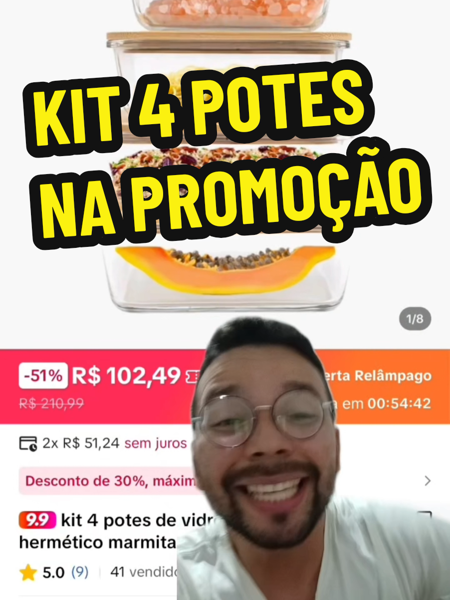 KIT 4 POTES DE VIDRO COM TAMPA DE BAMBU HERMÉTICO MARMITA RETANGULARES #TikTokShopChegou 