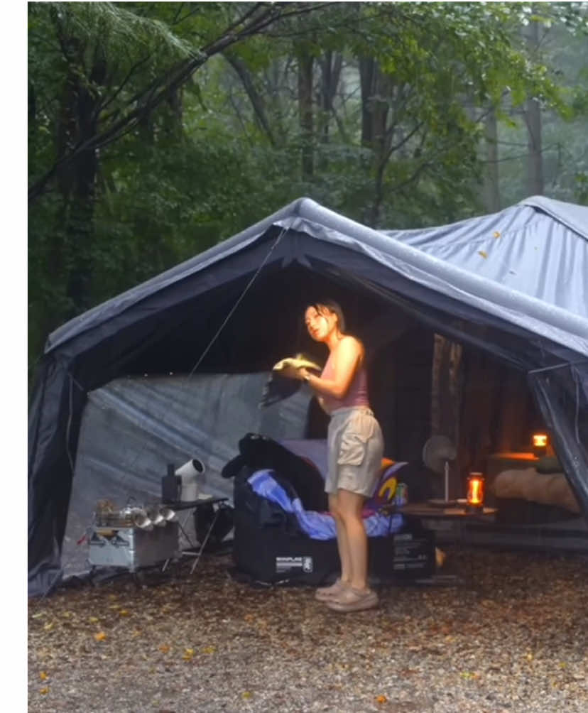 Pretty girl Camping in the middle of the forest in heavy rain. Relax in a warm 2-room tent #girlcamping #camping #Outdoors #asmr #foryou 