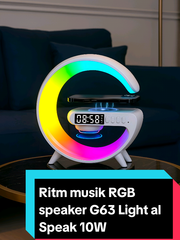 Ritm musik RGB speaker G63 Light al Speak 10W mobile wireless charger mendukung masukan AUX kartu TF Jam Led Ponsel Telepon Lighting Putih  #fyp 