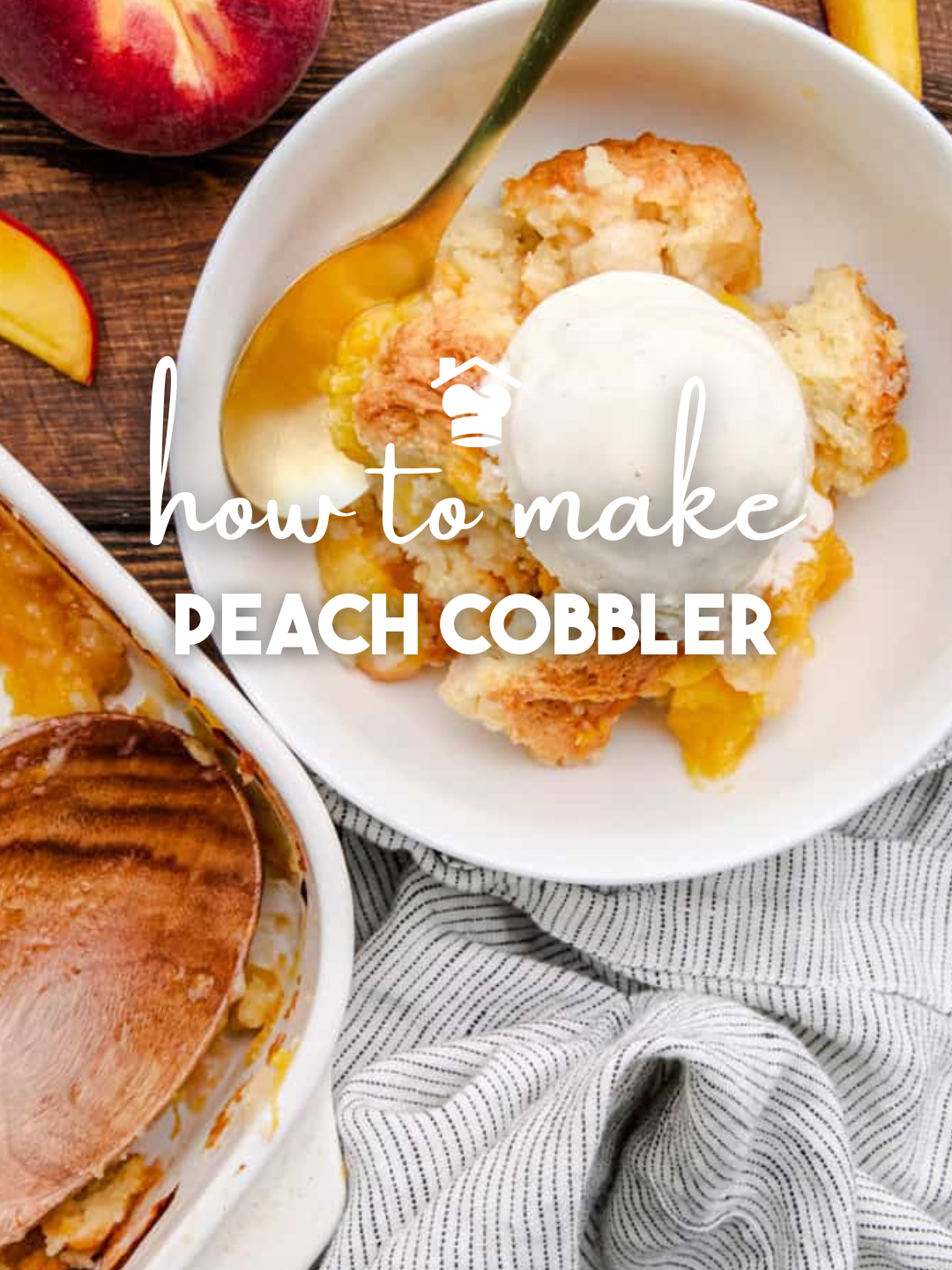 Old fashioned peach cobbler with a sweet biscuit cobbled crust on top of juicy, gooey baked peaches. Serve warm with vanilla ice cream. #cobbler #dessert #Foodie #peachcobbler #peaches