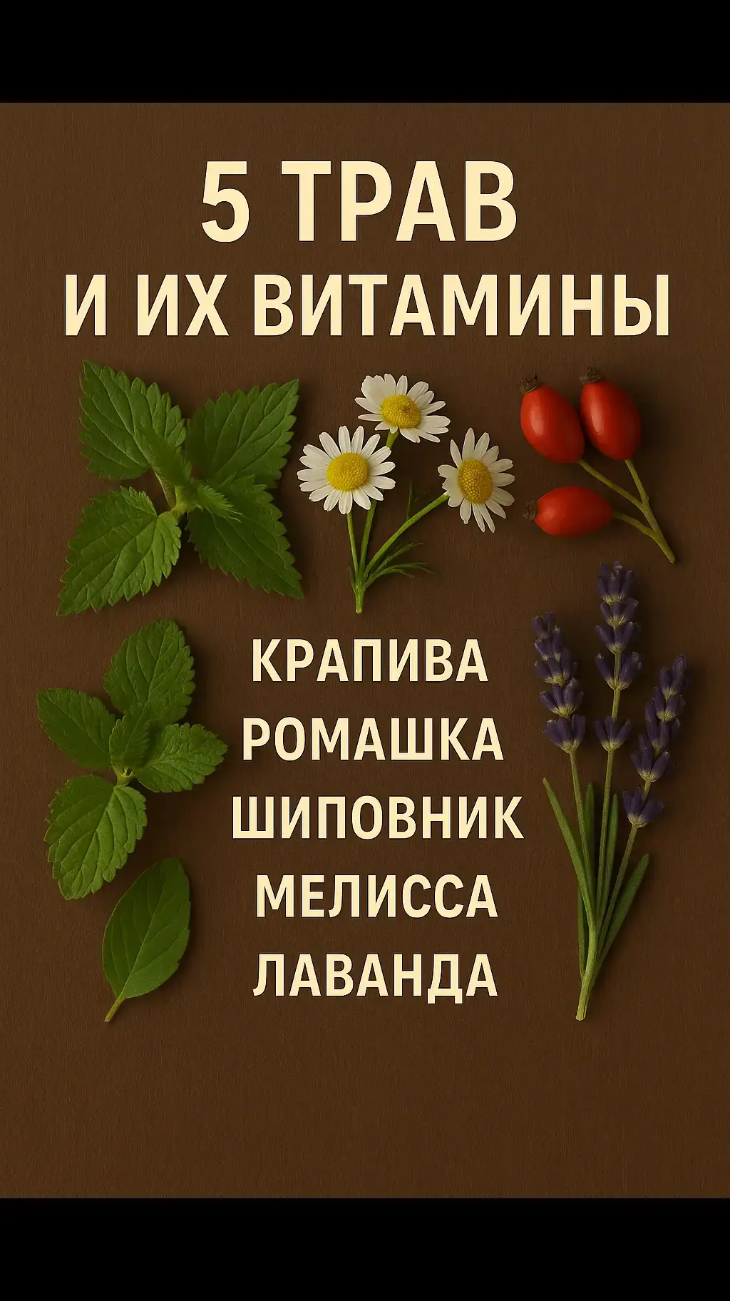 Ты удивишься, но травы — это не только фитонциды и горечи, а настоящий витаминный клад! 🍃 1. Крапива Витамины: A, C, K, группа B Польза: укрепляет иммунитет, поддерживает зрение, улучшает состав крови. 🌼 2. Ромашка аптечная Витамины: C, A, E Польза: снимает воспаление, улучшает пищеварение, помогает коже заживать быстрее. 🌱 3. Шиповник (ягоды) Витамины: C (в 20 раз больше, чем в лимоне!), A, E, B2 Польза: мощная поддержка иммунитета и сосудов, энергия и защита от вирусов. 🌿 4. Мелисса Витамины: C, A, B1, B6 Польза: укрепляет нервную систему, помогает при стрессе, улучшает сон. 🌸 5. Лаванда Витамины: A, C, B1, B2 Польза: успокаивает нервы, облегчает головные боли, поддерживает кожу и дыхание. 💚 Мудрость травницы: Травы — это живая аптека, в каждой из них скрыт свой витаминный «паспорт». Если пить их правильно, они становятся мягкой, природной поддержкой организма. 📌 Сохрани этот пост, чтобы не потерять ❤️ С тебя лайк ↩ Отправь друзьям — пусть тоже знают, какие витамины в травах! #витамины #травы #травница #шиповник  #ромашка 