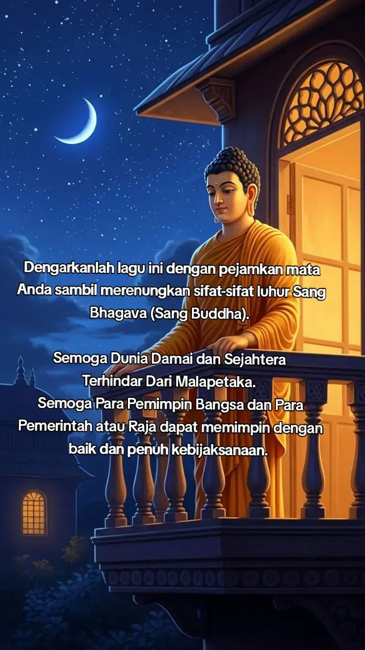 Dengarkanlah lagu ini dengan pejamkan mata Anda sambil merenungkan sifat-sifat luhur Sang Bhagava (Sang Buddha).  Semoga Dunia Damai dan Sejahtera  Terhindar Dari Malapetaka.  Semoga Para Pemimpin Bangsa dan Para Pemerintah atau Raja dapat memimpin dengan baik dan penuh kebijaksanaan.  #fyp #buddha #damai #sejahtera #dunia 