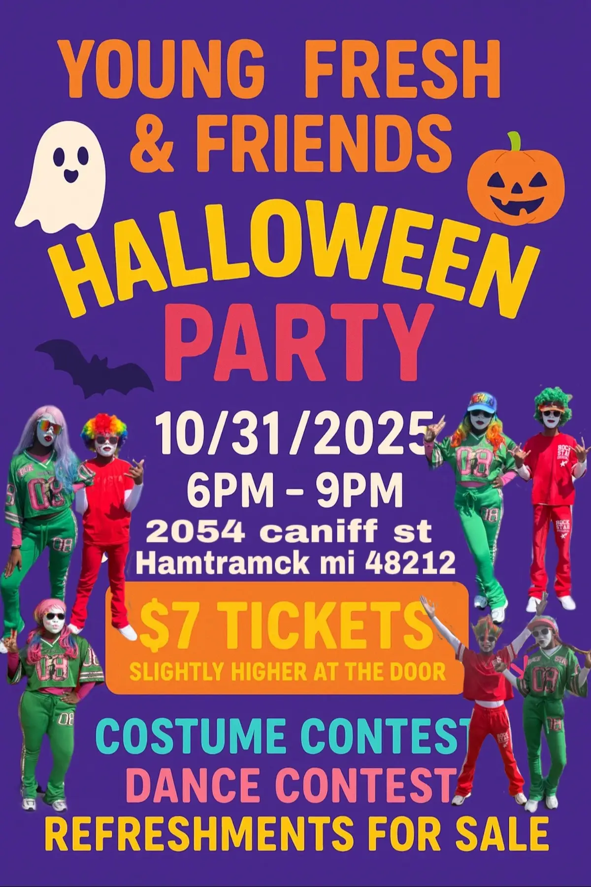 October 31st 2025 6pm- 9pm Tickets $7 in advance and $10 at the door   Come out and have fun and party with your #favorite #clowns🔥🔥🔥at the Composite Hall 2054 Caniff st   best Costume contest and Best Dancer contest Refreshments will be sold @youngfreshandfriends  #kids #crew #explore                            