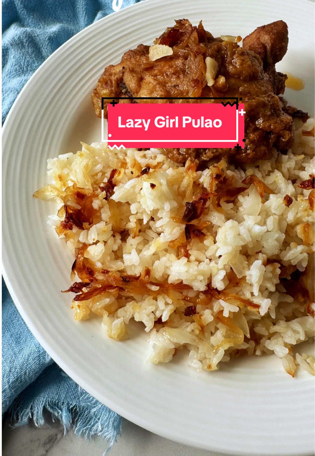 Perfect Bangladeshi pulao every time. Promise. 🔸LAZY GIRL PULAO: easy rice cooker recipe🔸 RICE: 3 cups kalijeera rice 1/2 c oil 1 bay leaf 2 cinnamon sticks 3 cardamom pods 1 cup thinly sliced onions 1 tbsp ginger paste 1.5 tsp salt (adjust) 2 tbsp ghee 3 green chilies 👉🏽 Soak kalijeera rice for 30 mins, then wash and drain. 👉🏽 Meanwhile, heat oil in a pan and add the whole spices (bay leaf, cinnamon, cardamom). Sauté for a minute. 👉🏽 Add the onions and sauté until they get soft and start to turn slightly golden. 👉🏽 Add ginger paste and sauté for a few more minutes. Remove from heat. 👉🏽 Add drained rice to rice cooker, and then pour in 6 cups water. Then add the masala you just cooked, plus salt and ghee. Taste the water for salt and adjust if necessary (the water should taste salty, like seawater). 👉🏽 Set the rice cooker to cook. About 15 minutes in, give everything a good stir and throw in the green chilies. BERESTA (fried onion topping): 3 tbsp oil 1 tbsp ghee 1.5 cups thinly sliced onions 👉🏽 Meanwhile, in the same pan you cooked the masala in, heat oil and ghee. Sauté the onions on medium heat, this time until golden brown and slightly crispy. Be patient…turning up the heat will cause your fried onions to burn! FINISHING: 👉🏽 When the rice is done cooking, let it sit uncovered for 5 minutes first. Then add half the beresta to incorporate into the rice, saving the rest for garnish. 👉🏽 Use a spatula to very gently fluff up the rice. Focus on fluffing up the top layer only; if you try to fluff up the bottom parts, you’ll turn it into mush. If you’re transferring the rice to another platter, you can fluff up the bottom layer after you’ve already transferred out the top layer. 👉🏽 Garnish with the reserved beresta. Enjoy with your favorite Bangladeshi dishes! #fypbengalifood #fypbangladeshifood #pulao #dawat