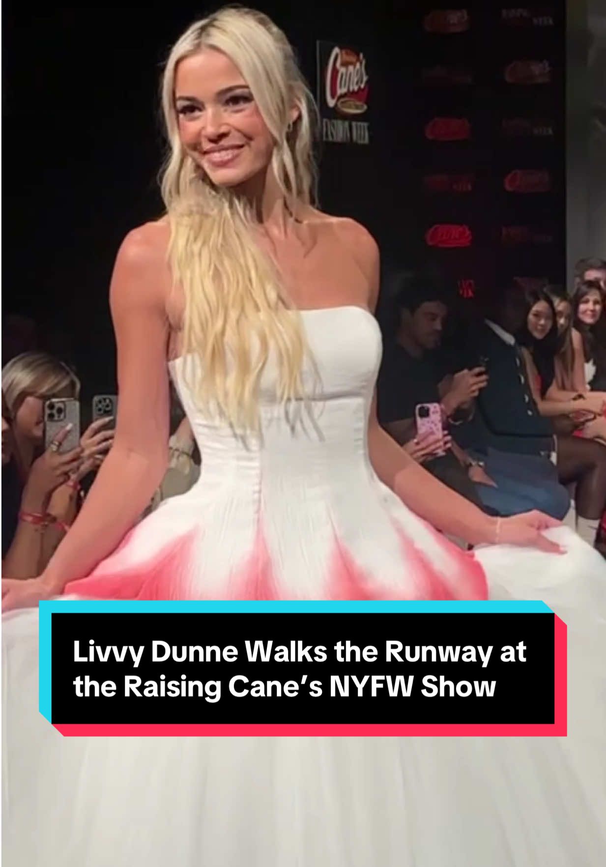 #LivvyDunne strutted her stuff in a red-and-white gown at the #RaisingCanes x #NYFW fashion show and kickoff party. ✨ 