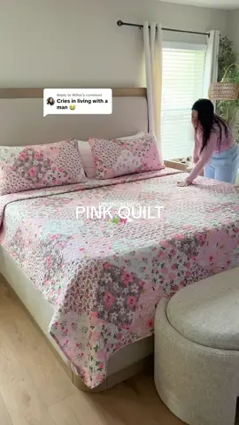 Replying to @Wifey pink cottage core quilt of my dreams ☁️🌿💖 #quilt #patchworkquilt #pinkdecor #pinkbedding #pinkbedroom 