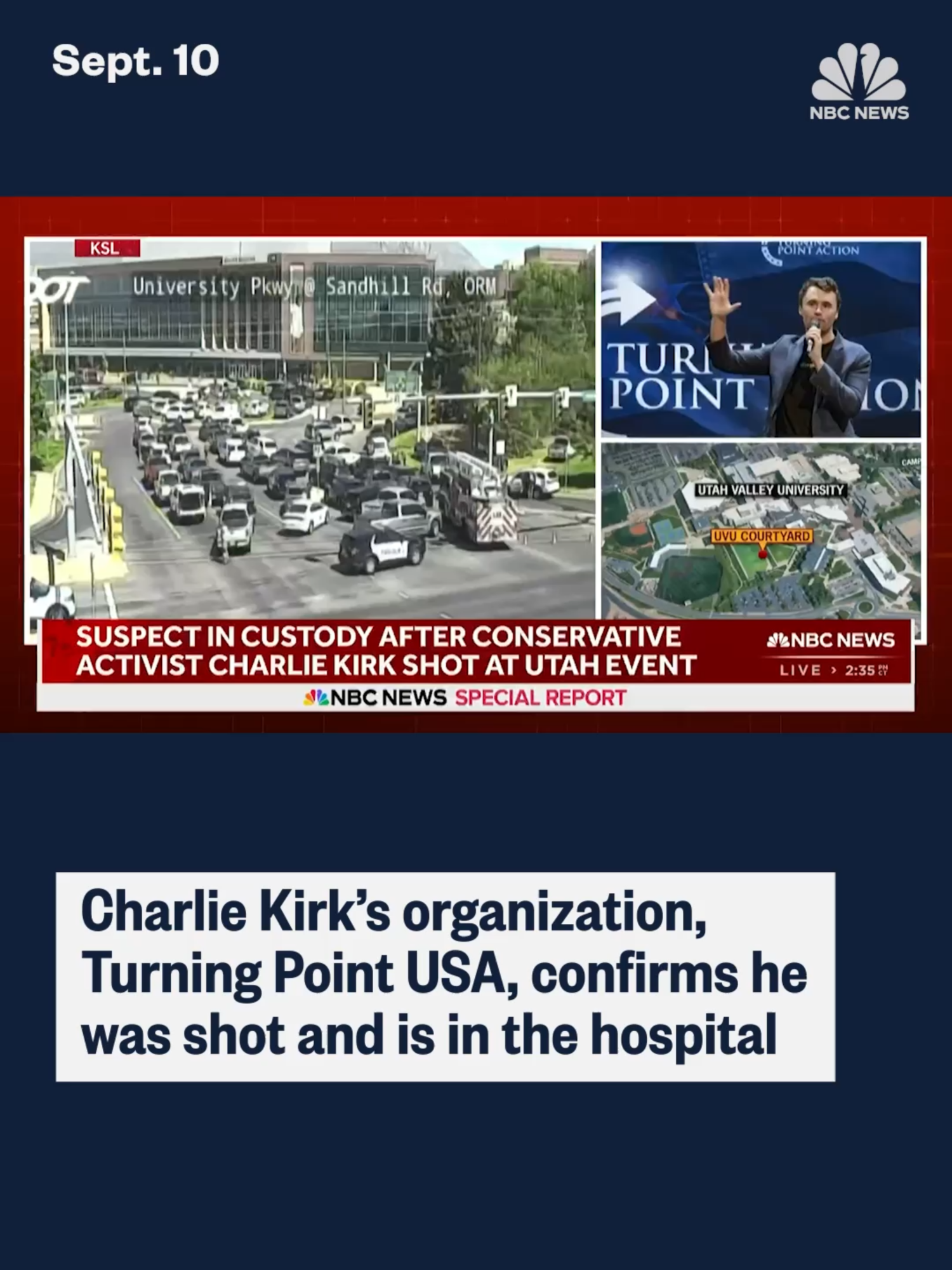 #CharlieKirk’s organization #TurningPointUSA confirms Kirk was shot at Utah Valley University and has been hospitalized. This story is still developing.