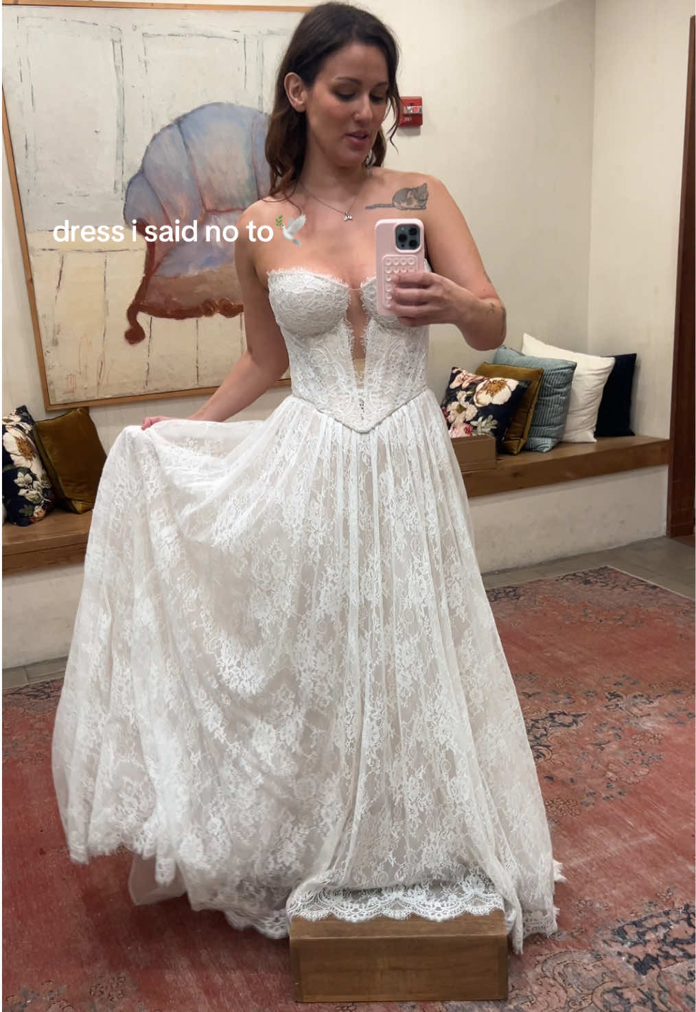 She’s so preeeetty but not the silhouette I envisioned #weddingdress #2026bride #bridalappointment #anthropologieweddings #laceweddingdress 