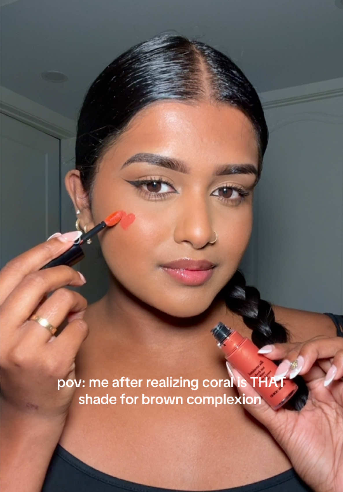 this shade + melanin = chef’s kiss 🤌🏽✨  @Armani beauty luminous silk cheek tint shine (42s)  #brownskinmakeup #blush #blushtok #coralblush #armanibeauty