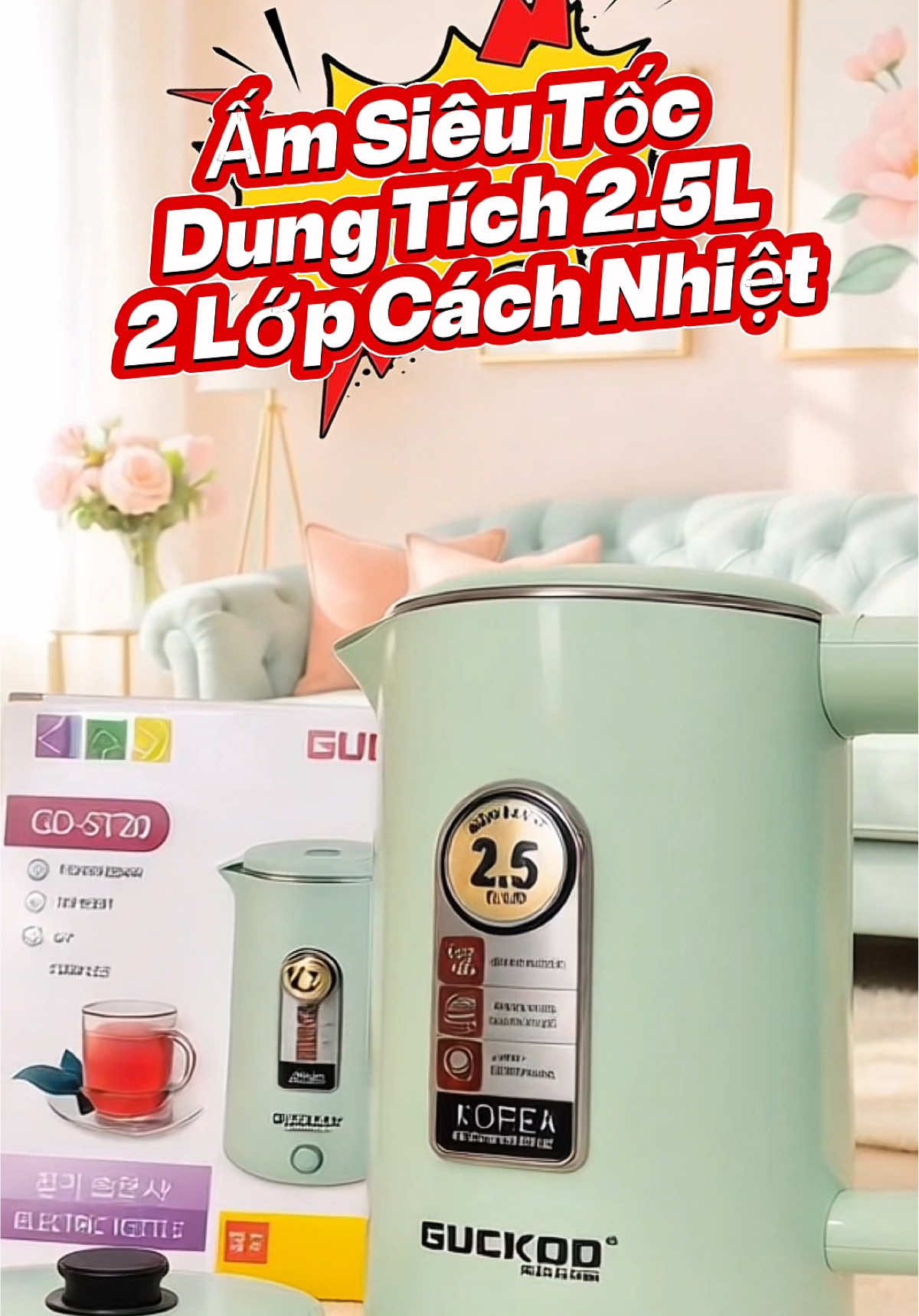 Ấm Siêu Tốc Guckod GD-ST20 – Dung Tích 2.5L, Công Suất 1500W, 2 Lớp Cách Nhiệt, Tự Ngắt An Toàn #AmSieutoc #AmDien #AmThuyTinh #AmGuckod #xuhuong 