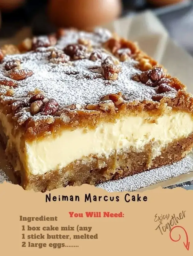 Neiman Marcus Cake Ingredients Crust Layer: 1 box yellow cake mix (any brand works) 1 stick (½ cup) unsalted butter, melted 2 large eggs Cream Cheese Layer: 1 package (8 oz) cream cheese, softened 2 cups powdered sugar 2 large eggs 1 teaspoon vanilla extract Optional Topping: 1 cup chopped pecans or walnuts Extra powdered sugar for dusting Instructions Preheat oven to 350°F (175°C). Grease a 9x13-inch baking dish. Make the crust: In a large bowl, combine the cake mix, melted butter, and 2 eggs. Mix until well combined, then press the mixture evenly into the bottom of the prepared baking dish. Prepare the filling: In another bowl, beat the softened cream cheese until smooth. Add powdered sugar, 2 eggs, and vanilla extract. Mix until creamy and well blended. Assemble: Pour the cream cheese mixture over the cake base. Spread evenly with a spatula. Sprinkle chopped pecans (if using) over the top. Bake: Place in the oven and bake for 40–45 minutes, until the edges are golden brown and the center is just set (it should still be slightly gooey). Cool & serve: Let the cake cool completely. Dust with powdered sugar before serving. 🍰 This cake is rich, creamy, and gooey in the middle — often called a “gooey butter cake.” #cake #Neiman #Recipe #sweet #yummy 