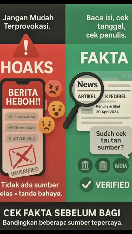 Mari biasakan diri untuk selalu cek sumber, verifikasi kebenaran, dan saring sebelum berbagi, demi terciptanya masyarakat yang damai #StopHoaks #CekFakta #CerdasBermedia #BijakDalamBermedsos #AI